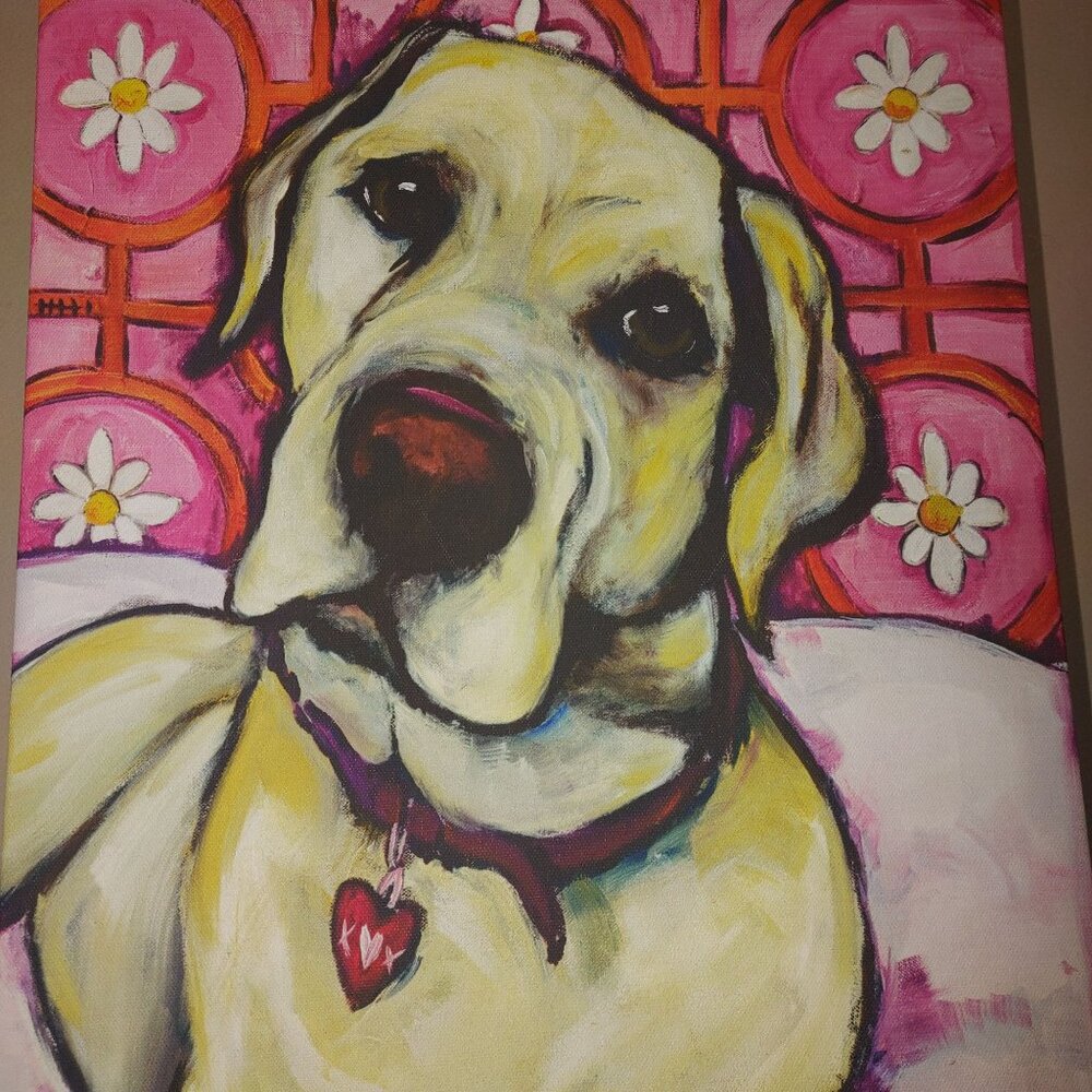 Marmont Hill Peaches For Free Yellow Labrador Canvas Wall Art By Tori 16 by 12